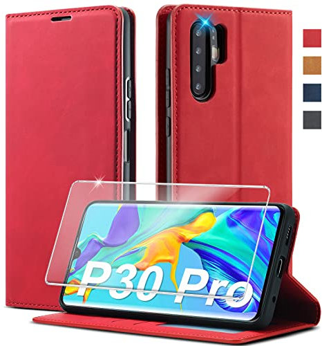 Handyhülle für Huawei P30 Pro Hülle Leder [1 Stück Panzerglas] [Premium PU Leder] Klappbar Handyhülle für Huawei P30 Pro Hülle 360 Grad Stoßfeste Flip Standfunktion Schutzhülle Case für Huawei P30 Pro