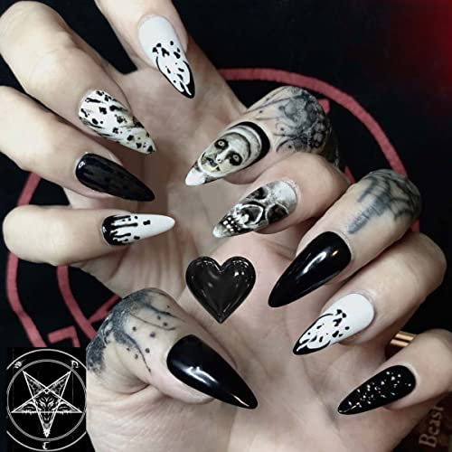 Bufenia 24 Stück Schädel Stiletto Kunstnägel,Schwarze falsche Halloween-Mandelnägel,Lange Party-Acryl-Kunst,Press on Nails Tipps für Frauen und Mädchen