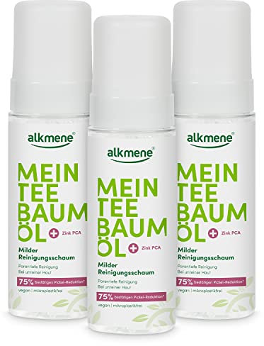 alkmene Mein Teebaumöl Reinigungsschaum Gesicht 3x 150 ml Pickel Reduktion 75% bestätigt - naturreines Teebaumöl, vegan & klimaneutral - Gesichtsreinigungs Schaum für unreine Haut - Waschschaum
