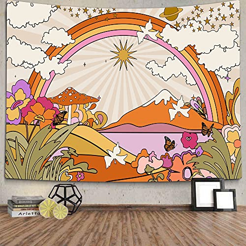TOMOZ Vintage 70er 60er Jahre Groovy Tapisserie, Retro Blumen Wolken Sonne und Regenbogen Tapisserie Wandbehang, Orange Boho Ästhetischer Wandteppich für Schlafzimmer Wohnzimmer Wohnheim Dekor 152,4 x