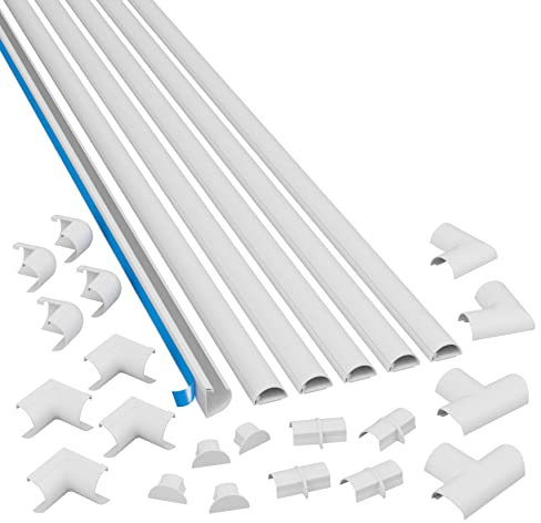 D-Line 12-meter Mini Cable Trunking Multipack, Self-Adhesive Wire Hider, Decorative Half Round Cable Channel - 6x 30mm (W) x 15mm (H) x 2-meter Lengths & 20 Accessories - White