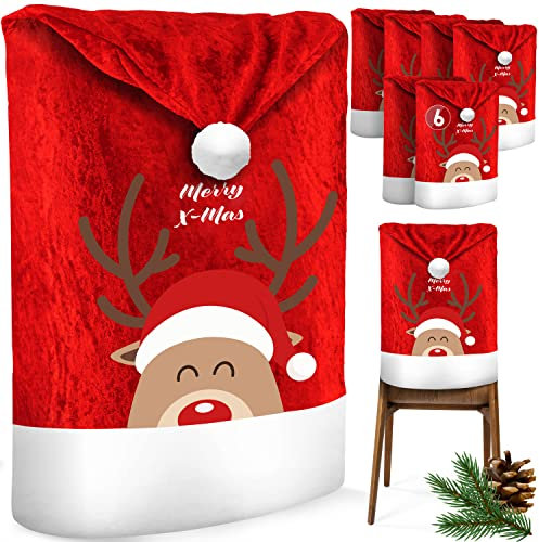 KESSER® Premium Weihnachtsstuhlüberzug 6er Set Stuhlhussen für Weihnachten Nikolausmütze Stuhlbezug Husse Weihnachtsdeko für Stühle Überzieher - Stuhlabdeckung im weihnachtlichen Design