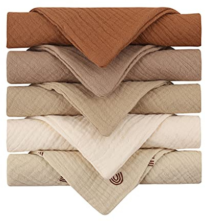Reoyloep Muslin Cloths for Baby, 5 Pack Muslin Squares 23x23cm/9.06x9.06 Baby Burp Cloth Cotton Facial Towels Super Soft