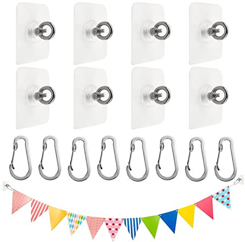 UFURMATE Self Adhesive Ceiling Hooks, 8 Sets Nail-Free Adhesive Wall Hooks Stainless Steel No Hole Eye Hooks Ceiling Suspension and Wall Hooks with Carabiners for Indoor & Outdoor Hanging