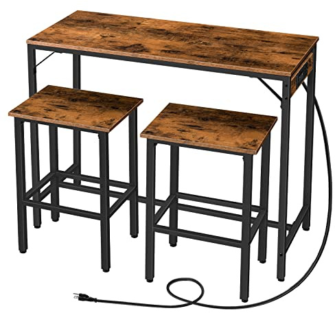 HOOBRO Bar Table and Chairs Set, 39.4 Dining Table Set with Power Outlet, 3-Piece Pub Table Set, Kitchen Bar Height Table with Stools of 2, Space Saving for Living Room, Rustic Brown BF45UBT01