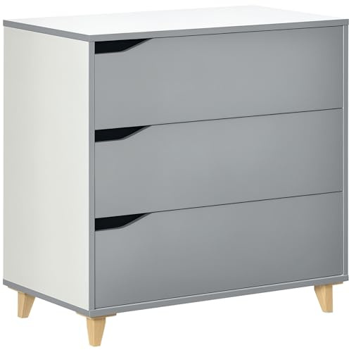 HOMCOM Chest of Drawers, 3-Drawer Dresser, Storage Cabinet with Pine Wood Legs for Bedroom, Living Room, Grey