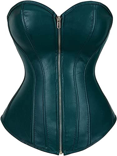 HNGHOU Korsett für Damen, Kunstleder, Steampunk-Korsett, Reißverschluss, Bustier, Piratenkostüm, Dunkelgrün, Medium