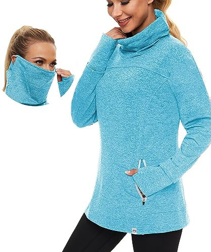 Soneven Rollkragen Pullover Damen Funktionsshirt Damen Langarm Laufshirt Fleece Thermo Sweatshirts mit Tasche Wandershirt Atmungsaktive Running Sportoberteile Hochkragen Hell Blau