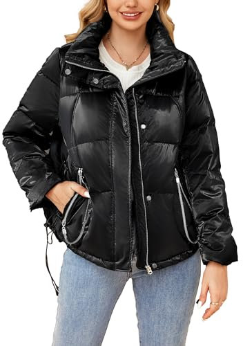 S・DEER Damen Kordelzug Glänzend Lose Daunenjacke Verdickte Warme Puffer Mantel Winter, Schwarz, X-Large