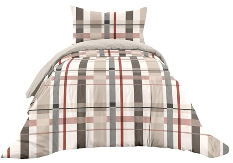 Ruggeri Set Lenzuola Copripiumino Singolo,Cotone,Made In Italy Quadri Beige | 1 lenzuolo sacco double face 150 x 200 cm con risvolto di 40 cm, 1 federa double face 50 x 80 cm con chiusura a sacco