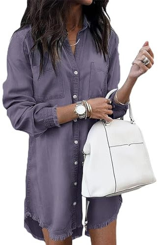 Zilcremo Damen V-Ausschnitt Blusenkleid Hemdkleid Jeanskleider Langarm Knopf Runter Shirtkleid Tunikakleider Oben Lila L
