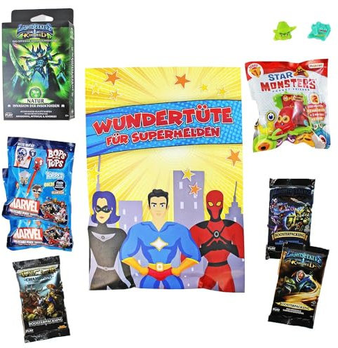 BEMIRO 4X Helden Wundertüte Kinder gefüllt | Kindergeburtstag Mitgebsel im Helden-Design | Kindergeburtstag Geschenk Helden | Helden Überraschungstüte mit 3-5 Artikeln
