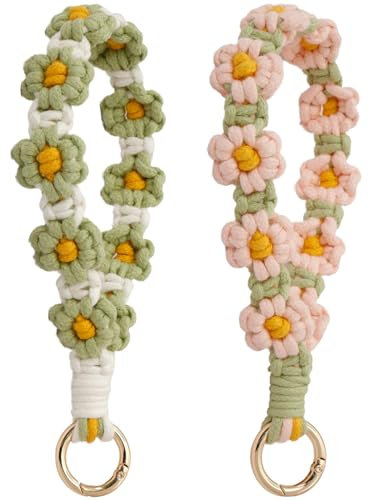 Makramee-Schlüsselanhänger, Gänseblümchen-Armband, handgefertigt, Boho-Seil, Schlüsselanhänger, Handyhalter für Damen und Mädchen, 2 Stück, Hellgrün + Rosa, 15 cm
