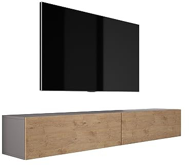 3E 3xE living.com Meuble TV Suspendu, D : L : 2 X 100 cm, H : 34 cm, P : 32 cm, Antracite/Chêne Lancelot