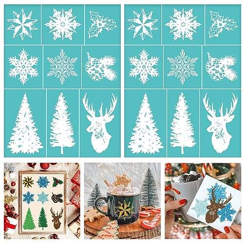 BEUNITONE 2 Stück Weihnachts-Siebdruck-Schablone 11x8.5 selbstklebende Schneeflocken-Netzschablonen Siebdruck-Schablone Für Kreidepaste Mit Hirschbaum Zum Drucken Auf Holz Stoff Wand Tasse Teller
