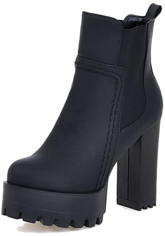 Lroey Reoly Botines Mujer Tacón Bloque, Botas Chelsea Punta Rojoonda Tacón Alto Botines Sin Cordones con Plataforma, Y15926Fn Negro Talla 36 EU