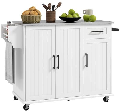 HOMCOM Isola per Cucina con Cassetto, Armadietto a 2 Ante, 2 Ripiani Aperti e Portasciugamani, Mobile Contenitore in MDF e Acciaio Inox con 5 Rotelle, 128x45.5x91.5 cm