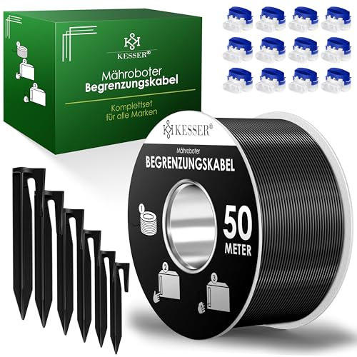 KESSER® Begrenzungskabel 50m + 200 Erdspieße + 12 Kabelverbinder für Mähroboter Rasenmäher Rasenroboter Zubehör Set Begrenzungsdraht Universal kompatibel mit Gardena/Bosch/Worx/Honda/ROBOMOW