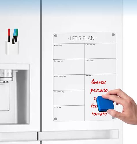 Pizarra magnetica nevera - Organizador tareas semanal magnetico para nevera - Pizarra acrílica lista de la compra - planificador semanal - Planificador metacrilato borrable (negro)