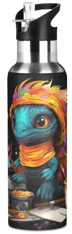 Süße Baby Leguan Eidechse Trinkflasche Wasserflasche mit Strohhalm für Sport, 600ML Thermosflasche BPA-frei Isolierflasche Edelstahl 18/8 für Kinder Wandern Schule