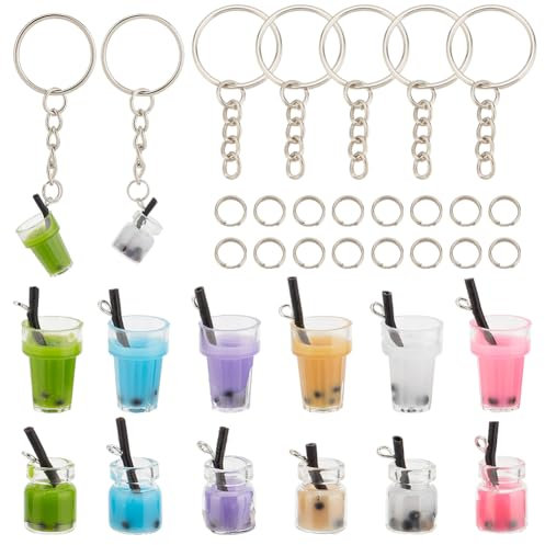 arricraft 75 Pcs Cup Keychain Making Kit, Including 12 Colors Mini Cup Charms Glass Bottle Pendants with Straw Bubble Tea Pendants Split Key Rings with Chain for DIY Keychain Decor Making