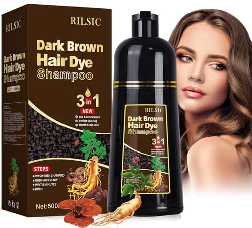 RILSIC Shampoo per Capelli Neri per Capelli Grigi, 500 ml Shampoo per Capelli 3 in 1,Colore Naturale, Shampoo Colorante,Shampoo per Capelli,Tintura per Capelli per Uomini Donne (Castano Scuro)