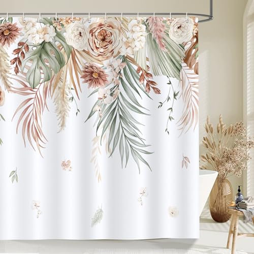 Bonhause Tenda Doccia Boho Tropicale Fiore Foglie Gialle Astratta Fiori Tende per Doccia in Poliestere Impermeabile Antimuffa Lavabile Tende Bagno 180 x 180 cm con 12 Ganci