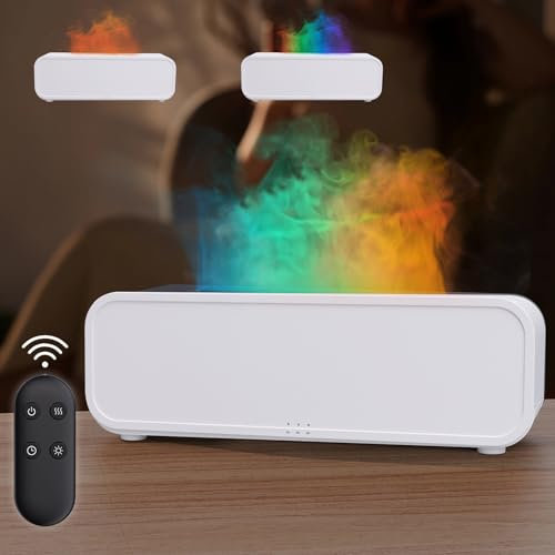 Foyucool Colorful Flame Fire Diffuser Humidifier, 250ml Oil Diffusers with Remote Control and Voice Control, 8 Colors Changing, Timing 2/4/6H and Waterless Auto-Off Safety Design, White