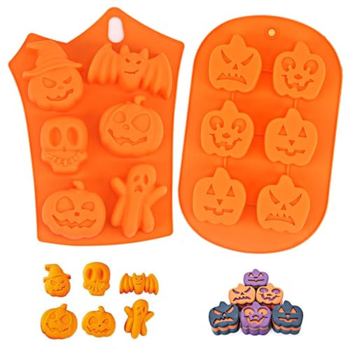 Moldes Silicona Halloween, 2 Molde de silicona para reposteria Halloween, Moldes de Silicona Fantasma de Murciélago de Calabaza, Adecuados para Pasteles, Galletas, Hornear, Chocolate, Dulces