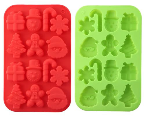 7 Patrones Moldes de Silicona para Navidad, 2 Piezas Molde Navideños para Chocolate, Reutilizables Molde para Muffins, Gelatina y Fondant, Diseño Navideño con Papá Noel Muñeco de Nieve