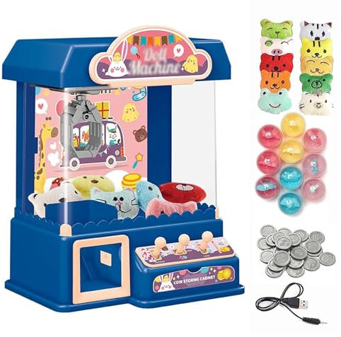 HBDSMLPL Greifarm Automat, Süßigkeiten Spender Automat mit Licht und Musik,20 Puppen,20 Spielmünzen,10 Gashapons, Spielautomat Lustiges Geschenk für Party-Weihnachten,Blue