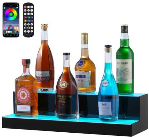 VEVOR Présentoir à Bouteilles Lumineux Éclairé par LED, Étagère à Vins 2 Niveaux 60 cm, Présentoir à Boisson Commercial, en Acrylique, avec Télécommande RF et Contrôle par Application, Bar Domicile
