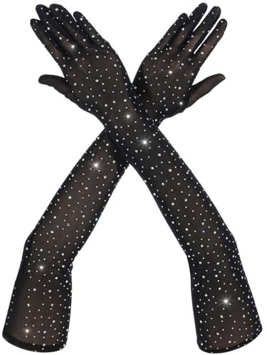Lusofie Lange Handschuhe Schwarz Mit Strass Opern TüLl Damen Handschuhe Tea Party KostüMe Damen Brauthandschuhe Glitzernde Netzhandschuhe 20er Jahre Accessoires Abschlussball Halloween Hochzeit