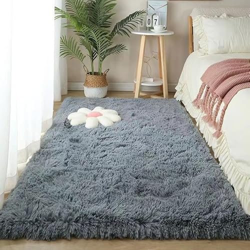 Homesally Flauschiger Teppich für Schlafzimmer, Shaggy Hochflor, Weich, Anti-Rutsch Unterseite, Waschbar Moderne Deko für Wohnzimmer, Grau, 160×200cm