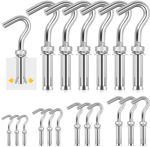 Glarks 6pcs kit de crochet d'expansion M12, vis à crochet à coupelle ouverte en acier inoxydable 304, crochet en béton lourd, crochet à vis d'expansion, crochet mural en béton