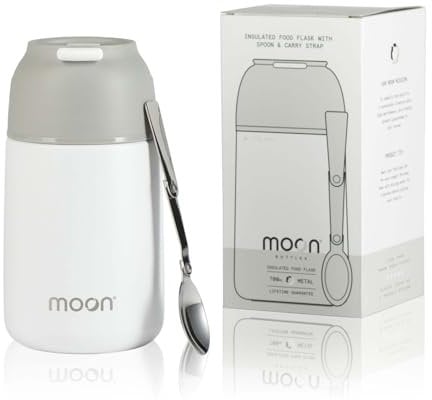 Moon Insulated Food Flask - Food Jar & Soup Container, Thermal Food Container to Keep Your Meal Hot for Longer, Free Folding Spoon, Leakproof, UK Company (700ml White)