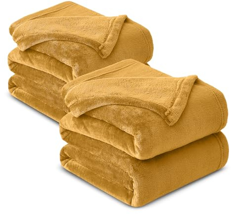 Hafaa Fleece Blanket for Bed Pack of 2 - Soft Cosy Fluffy Throw Blankets All Weather, Warm Versatile Large Throws for Sofas/Couch, Mustard, Queen Size 200x240 cm