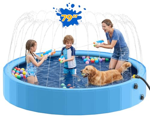 Raxurt 79 Kiddie Pool with Sprinkler, Foldable Dog Pool for Large Dogs, Non-Slip Splash Pool for Kids, Portable Pet Bathing Tub for Backyard Summer Water Play