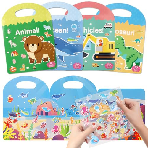 OWill 4 Pezzi Stickers Bambini Attacca Stacca,Adesivi per Bambini con Oceano,Dinosauri, Animali,Veicolo in Libro Stickers,Sticker Riutilizzabili 2 3 4 5 6 Anni Sticker Book Regalo
