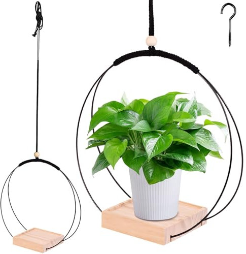 DZAY Blumenampel Hängend Innen,Blumentopf Hängend Hängetopf für Pflanzen,Hängetopf mit Metallring und Holzsockel,Hängender Blumentopf Hängeampel Blumen,Blumenampel Innen Hängepflanzen Topf (Schwarz)