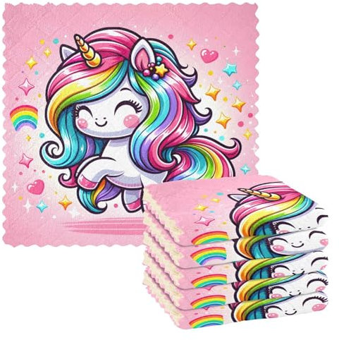 ISAOA 6 Stück Geschirrtücher Geschirrtücher Mikrofaser Reinigungstücher Wiederverwendbare Küchenhandtücher Niedlich Cartoon Regenbogen Einhorn Waschbar Lappen Tuch