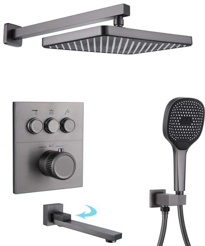 HKTHE Colonna Doccia con Miscelatore Termostatico, HSS0465 Moderno Set Doccia a Incasso, Tasti del Piano, 30x20cm Soffione Doccia, Doccia Manuale, Rubinetto Pieghevole per Vasca da Bagno, 59A Rame