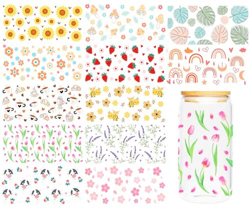Boho UV DTF Cup Wraps - 12 Sheets Transfer Stickers for 16oz Glass, Floral Daisy, Rainbow, Strawberry, Bee, Mushroom Designs, DIY Decals for Cups, Gifts for Friends
