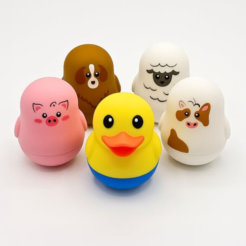 TensCare Farm Friends Baby Bath Toys 5-Pack – Duck, Sheep,Cow, Dog, Pig Floating Water Temperature Thermometer, LCD & Red Hot-Alert LED, BPA-Free Silicone, Long Lasting Battery Toy