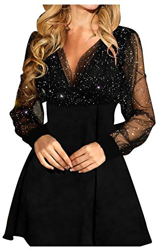 Robe Cocktail Femme Col en V- Robe Paillette Manches Longues Sexy Ligne A Couleurs Pures Casual Comfortable Chic Élégants Classiques Slim Respirante Basique Fête Banquet Dress Pas Cher