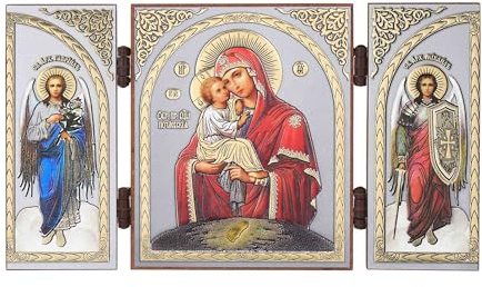 NKlaus Triptychon, Gottesmutter von Pochaev, 19x11x0,7cm, aus Holz, 1 Stück | Christliches Motiv mit Erzengeln Gabriel und Michael, goldener Prägung und Schutzlack