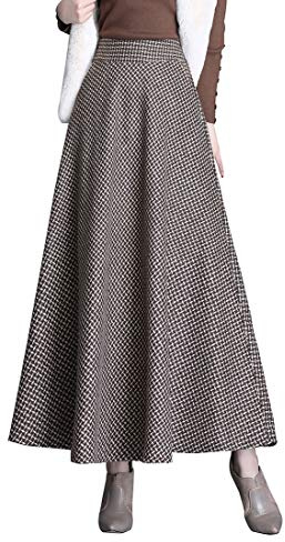 Artykey Jupe Longue Femme Hiver Vintage Élégant Taille Haute Carreaux Maxi Jupe Laine A-Ligne Plissée Skirt B Kaki M
