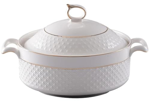 Zuppiera In Ceramica Con Coperchio,Ciotole Da Portata Porcellana Di Grande Capacità,Con Finiture Oro Bianco 1.5l,Per Feste Casa,Cene Famiglia,Adatte Al Microonde E All'Overclocking(With gold rim)