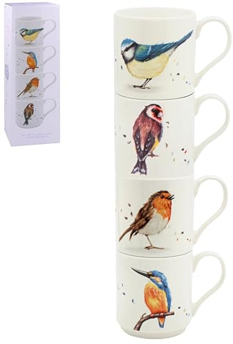The Leonardo Collection Clemency Bunn Christmas British Birds Set di 4 tazze impilabili per bevande calde e fredde, tazze da caffè resistenti per casa e ufficio, tazze da caffè facili da tenere per