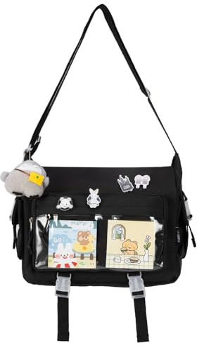 Jnidesier Kawaii Ita Bag with Clear Windows for Women with Pin and Plush Penguin, Cute Aesthetic Messenger Bag Y2K Crossbody Bag